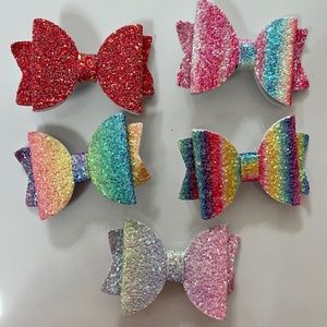 5 Glittery Faux Leather Bows w/Alligator Clip